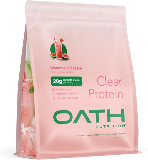 [BRSRAGQ5OADRGAAY] Oath Nutrition Clear Whey Isolate Protein Powder, Watermelon Fresca, 20g Complete Protein per Serving, No Added Sugar, Grass-Fed, 18 Servings