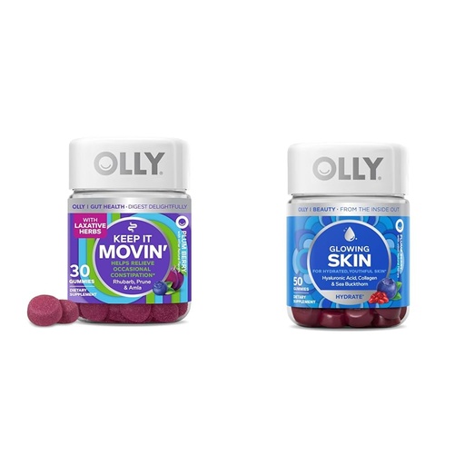 [BRSRAYYYCAHBAFL5] OLLY Constipation Relief Gummies with Rhubarb, Prunes, Amla Plum Berry Flavor 30ct and Glowing Skin Gummy with Hyaluronic Acid, Collagen, Sea Buckthorn 25 Day Supply Plump Berry 50 Count