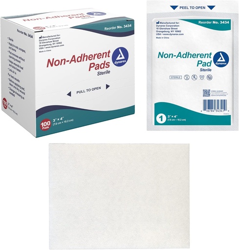 [BRSWIY32DJ7QKDTE] Dynarex Non-Adherent Pads-Sterile, Individually Packaged, Non-Stick Wound and Burn Care, Soft & Highly Absorbent, 3” x 4”, 1 Box of 100 Non-Adherent Pads-Sterile