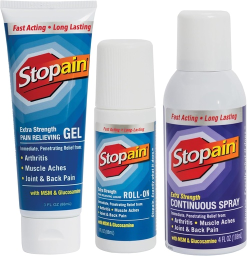 [BRSWIZYDC55WO2DK] Stopain Pain Relief Combo Set (Gel, Roll On, Spray) USA Made, Max Strength Fast Acting with MSM, Glucosamine, Menthol for Lower Back, Knee, Neck HSA Topic Analgesic Products