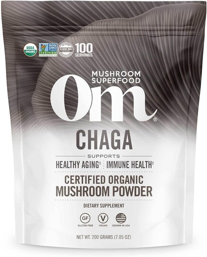 [BRSWKGL5BEFQK336] OM MUSHROOM SUPERFOOD Chaga Organic Mushroom Powder, 7.05 Ounce Pouch, 100 Tarjoilut, US Aikuinen, pyhä antioksidantteja & Immuuni tuki, Superfood Mushroom Supplement