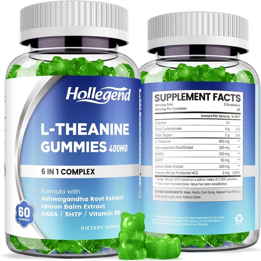 [BRSRAHD7A4FBU2TH] L-Theanina Gummies, l'theanina 400mg com Ashwagandha, GABA, 5HTP,L-Theanina Chewable Suplemento para Relaxar, Zzz & Focus Support, Vegan, Lemon Flavor, 120 Condes