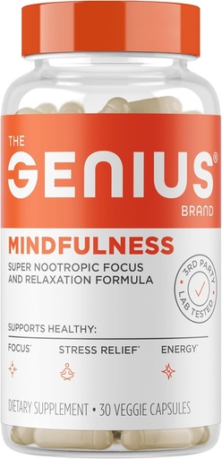 [BRSWGBL7CEOR4FI4] Genius Brand Genius Mindfulness - Suplemento de saúde cerebral - Soporte para mentalidades saudables - Calm, enerxía, memoria e soporte de foco - Ashwagandha, neuroFactor & More - 30 pílulas Veggie