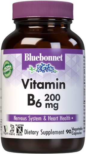 [BRSWIY33B4MWE33C] Bluebonnet Nutrition Vitamin B6 Vegetable Capsules, 200 mg, For Cardiovascular and Nervous System Health, Soy Free, Gluten Free, Kosher, Dairy Free, Vegan, Non-GMO, 90 Vegetable Capsules, 90 Servings