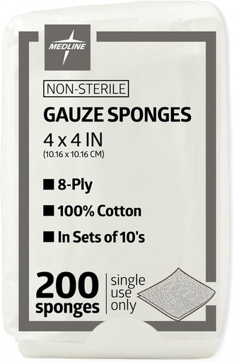 [BRSWGZQHPMJQY2D5] Medline 4 x 4 Дюймові губки, Non-Sterile 8-Ply Woven Gauze, 100% Бавовна, Ідеально підходить для сукні з одягом, пов'язаний догляд, загальне використання першої допомоги, пакет 200