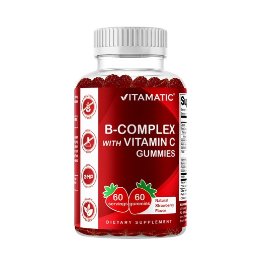 [BRSRMCYQOIORYHIU] Vitamatic Vitamin B Complex Gummies with Vitamin C & Inositol - Natural Strawberry Flavor - 60 Gummies (1 Bottle)