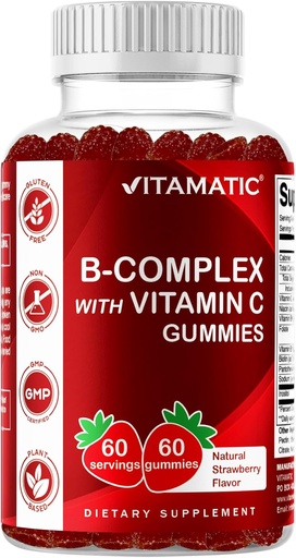 [BRSRMCYQOIORYHIU] Vitamatic Vitamin B Complex Gummies with Vitamin C & Inositol - Natural Strawberry Flavor - 60 Gummies (1 Bottle)