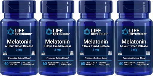 [BRSWIAQTO4HRQGQV] Extensión de la vida Melatonina 6 horas de liberación 3 mg, 60 tabletas vegetarianas (Pack of 4)