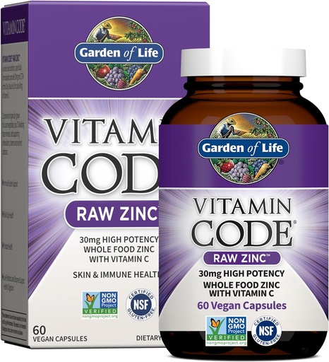 [BRSWI23RCZ4QKGQ5] Garden of Life Zink kompletterar 30 mg hög styrka rå Zink och vitamin C Multimineral Supplement, Vitamin Code Vitamins Trace Minerals & Probiotics för hudhälsa och immunsupport, 60 Vegan Capsules