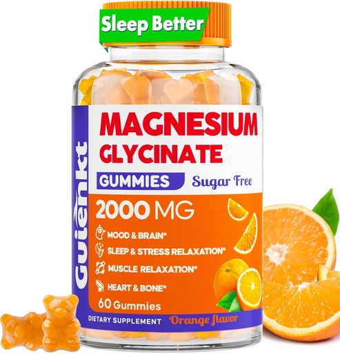 [BRSRAZYQBUCBUFI7] Gume de magneziu Glycinate 2000 mg, Gume de magneziu fără zahăr pentru adulți pentru somn, calm, relaxare, Pe bază de pectină, aromă de portocale, 60 gume vegetariene