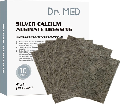 [BRSWYFLRBAOQE2QV] Dr. Med Silver Calcium Alginate Wound Dressing 4''x4'' Patches, 10 Individual Pack High Absorbency Ag Alginate Wound Bandage, Non-Adhesive, Painless Removal Gauze for Bedsore, Ulcers, Skin Abrasions