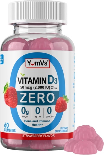 [BRSW2ZIZAADR6G35] YUM-V'S Vitamin D Zero Gummies by YumVs | Keto Friendly, Sugar Free D3 Supplement | Kids & Adults| 50 mcg – 2000 IU Vitamin D3 | Natural Strawberry Flavor Chewables | 60 Count