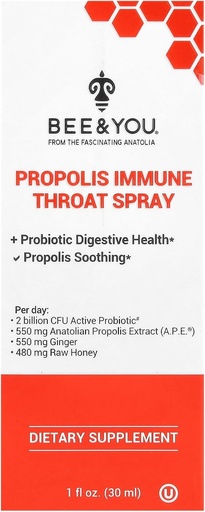 [BRSRAZIROICQGYDX] Bee and You Propolis and Probiotic Throat Spray with Ginger, Immune Support, Digestive Health, Antioxidants, Keto, Paleo, Gluten-Free, 1 Fl oz