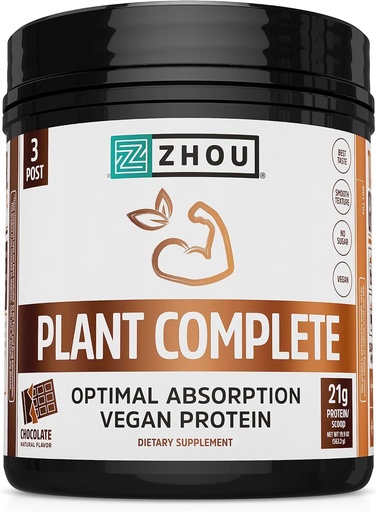 [BRSW2GT2CN4AYHLH] Zhou Plant Complete Vegan Protein Powder - Plant Based Protein Powder for Women & Men, Non Dairy Rice & Pea Blend for Smoothies & Shakes, 21g Protein Per Serving - Chocolate, 17.7oz (16 Pelayan)