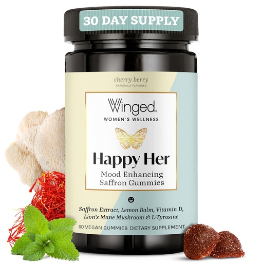 [BRSRMZI7DMHQADY3] Winged Wellness Happy Her Mood Gummies - Daily Mood Enhancer Support Supplement for Women - Vitamin D with Saffron, Lemon Balm, & Lions Mane Mushrooms for Balance & Calming Relief - 50 Vegan Gummies