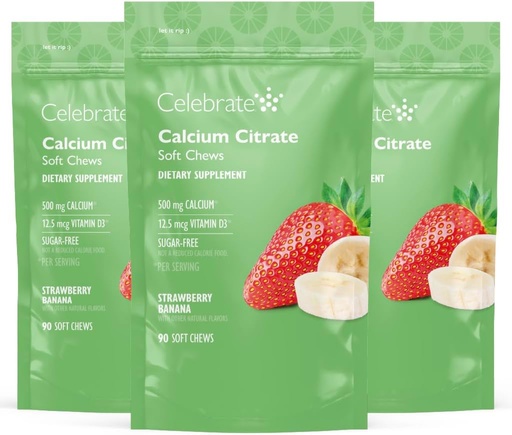 [BRSWGZACCN7BOAIY] 500mg Calcium Citrate Txiw bigunak 500 IU bitamina D3 - Gastrikoa Saihesteko Gaixo eta Hezur Osasuna - Sugar & Gluten Free, Strawberry Banana (270 Chews)