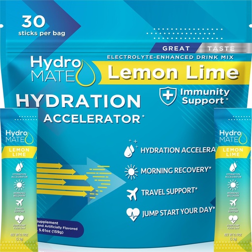[BRSW2FICDEAWM3AZ] HydroMATE Electrolyte Powder Lemon Lime Hydration Packets Low Sugar 30 Count