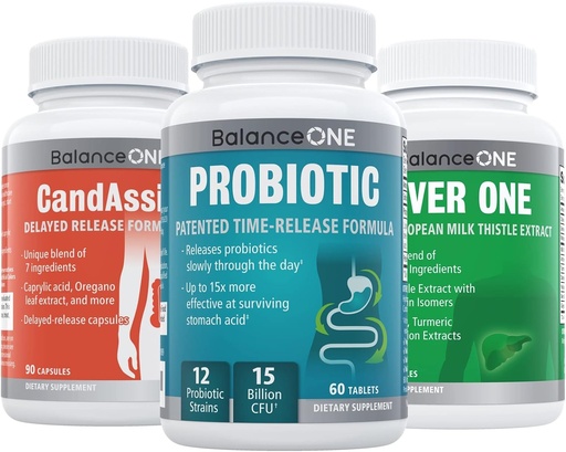 [BRSRAZDRPIPGG3AZ] Balance ONE 2 Month Kit | Probiotic, CandAssist, Liver One | 15 Billion CFU Probiotic | Natural Cleanse with Caprylic Acid | Liver Support with Milk Thistle