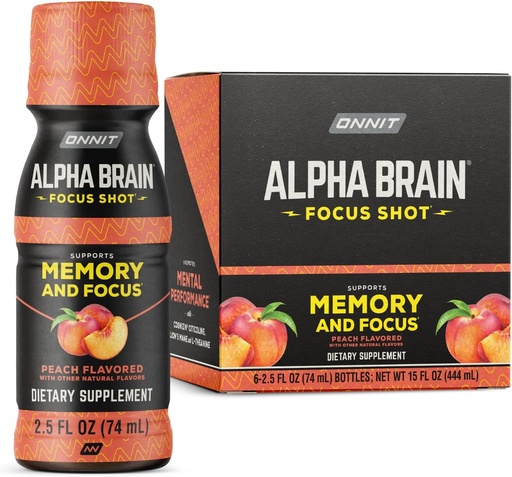 [BRSW22QTCMNBO23D] ONNIT Alpha Brain Focus Shot, Peach Flavor, Nootrop Kosttilskud Drikke, der understøtter energi, Focus, og Mood, IGEN ™ Non- GMO Testet, 2,5 fl oz, 6 Greve