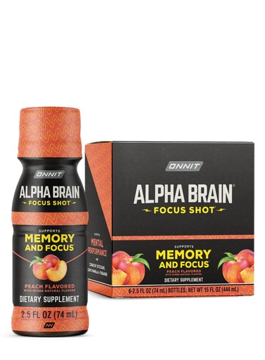[BRSW22QTCMNBO23D] ONNIT Alpha Brain Focus Shot, Peach Flavor, Nootropic Dietary Supplement Drink that Supports Energy, Focus, and Mood, IGEN™ Non-GMO Tested, 2.5 fl oz, 6 Count