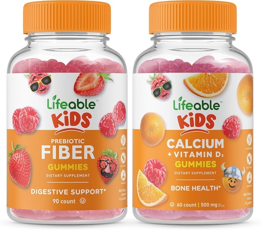 [BRSRMYIYBN6QAAAV] Живи Prebiotic Fiber Kids + Калций с витамин D Kids, Гъмии Bundle - Great дегустация, Витамин добавка, Gluten Free, ГМО Free, Дъвчаща Гъми