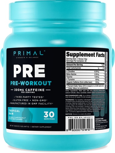 [BRSRA23RDEAQK3LO] Primal Pre-Workout Powder (Tropical Rain) 30 Servings, Gluten Free | GMO-Free, 300mg Caffeine Per Serving