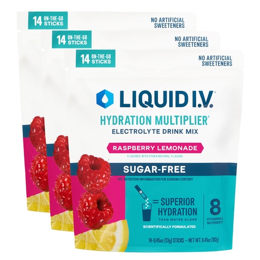 [BRSRAED3BYIQA2DA] Liquid I.V.® Hydration Multiplier® Sugar-Free - Raspberry Lemonade | Electrolyte Powder Drink Mix | 3 Pack (42 Servings)
