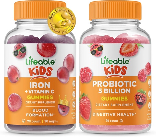 [BRSRMZQTB4DWKA33] Lifeable Iron & Vitamin C Kids + Probiotics 5 Billion Kids, Gummies Bundle - Great Tasting, Vitamin Supplement, Gluten Free, GMO Free, Chewable Gummy
