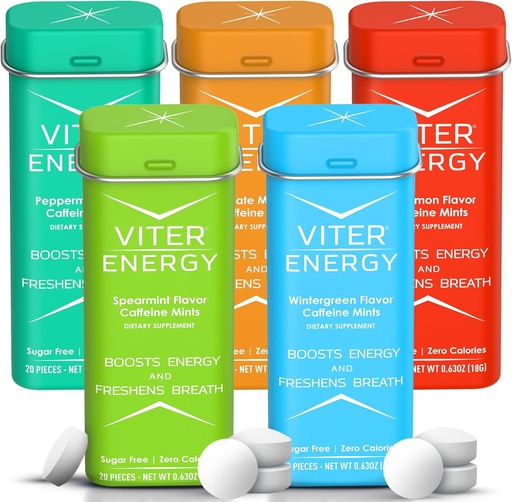 [BRSWGFL5B57GMF36] Viter Energy 40mg Caffeine Mints - Sugar Free, B Vitamins, Vegan, Boosts Fast Energized Alert Focus, Caffeinated Nootropic Supplement Pills (Variety Flavors, 20pcs, 5 Pack, 100pcs Total)