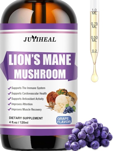 [BRSRAHT3DIPW2YIY] Lions Mane Liquid - Brain Support, Energy, Memory & Focus - Sugar & Alcohol-Free Lions Mane Supplement - 4 Fl OZ, 4 Month Supply, Grape Flavor