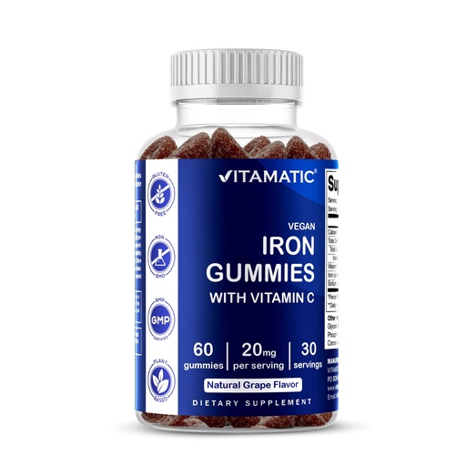 [BRSW22T3BMDWKF3G] Vitamatic Iron Gummies 20 mg with Vitamin C – Vegan Iron Supplement for Women & Men – 60 Gummies – Supports Red Blood Cell Production – Natural Grape Flavor