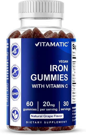 [BRSW22T3BMDWKF3G] Vitamatic Iron Gummies Suplemento para Hombres Mujer - 20 mg Servir - 60 Gummies Vegan - Gran Tasting Iron Gummy Vitaminas con Vitamina C (60 Conde (Pack of 1))