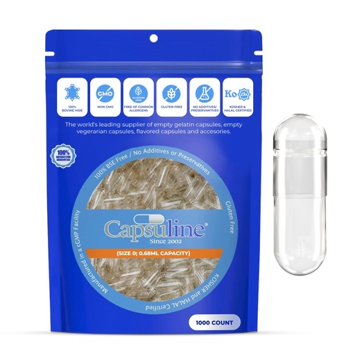 [BRSWIAQQCYJWCDD4] Capsuline Size 0 Empty Gelatin Capsules, Clear - 1000 Count | Gluten Free, Kosher, Non-GMO Certified | Pure Bovine Pill Caps for DIY Supplement Filling - 1000