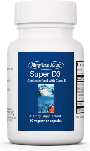 [BRSWIYAKO4MWAA36] Allergy Research Group Super D3 Dietary Supplement - Bone & Immune Support, Cholecalciferol with C & E, Vegetarian Capsules, Gluten Free - 60 Count