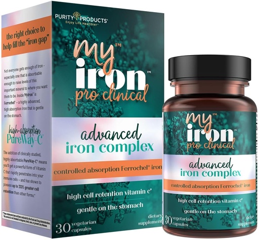 [BRSRAZDQOIHGEF35] MyIron ProClinical by Purity Products - Fer (Chélelate de bisglycin ferreux) + Vitamine C (PureWay-C) - Doucement sur l'estomac - Absorption contrôlée - Favorise des globules rouges sains - 30 Compte (1)