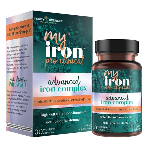 [BRSRAZDQOIHGEF35] MyIron ProClinical by Purity Products - Iron (Ferrous Bisglycinate Chelelate) + Vitamin C (PureWay-C) - Gentle on The Stomach - Controlled Absorption - Promotes Healthy Red Blood Cells - 30 Count (1)