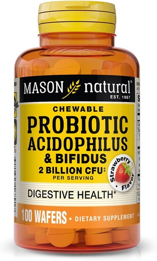 [BRSWIFDQOV5RQ3DO] MASON NATURAL Probiotic Acidophilus su Bifidus, 50 dienų tiekimo, Palaiko sveiką normalų virškinimą, braškių skonio, 100 Chewable Wafers