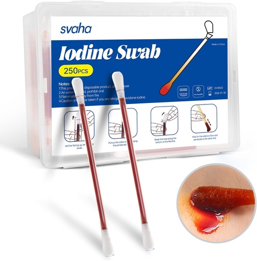 [BRSRA2YQBAHQGHTZ] Svaha Povidone Iodine Swabsticks - 250 Sticks Individually Wrapped, Iodine Solution Released When Snapped, No Drying Out, Perfect for Wound Care, First Aid Kits, Travel & Outdoor Use