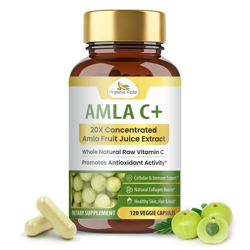 [BRSWYCT7OAPRS2DH] Organic Veda Amla + Capsules, 20 X Concentrated Amla Fruit Juice Extract Natural Vitamin C Supplement - Antioxidants, Immunity, Skin & Hair Growth Support - Whole Green Vitamin C 120 Vegan Capsule