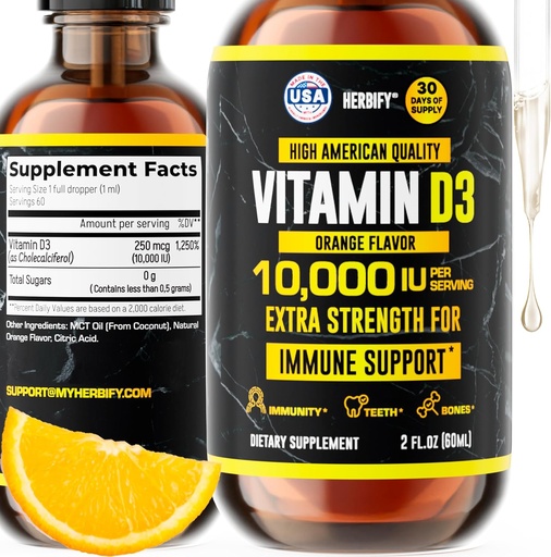 [BRSRM2YZCQIWMD34] HERBIFY Vitamín D3 10000 IU - Vyrobené v USA Tekuté vitamín D kvapky - Sila kostí a imunitná podpora doplnok - Sunshine Replacement - D3 Vitamínové kosti a zuby doplnok - 2 Oz