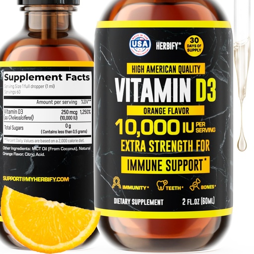 [BRSRM2YZCQIWMD34] HERBIFY Vitamin D3 10000 IU - Made in USA Liquid Vitamin D Drops - Bone Strength and Immune Support Supplement - Sunshine Replacement - D3 Vitamin Bone and Teeth Supplement - 30 Days Supply - 2 Oz