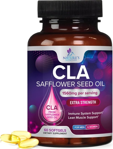 [BRSWECQLO4FQG3LV] CLA Supplement, Conjugated Linoleic Acid 1560mg - Extra Strength CLA Supplement Pills - Support Body Composition, Lean Muscle Tone, & Energy - Safflower Capsules, Gluten Free, Non-GMO - 60 Softgels