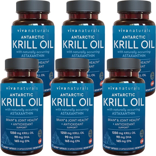 [BRSWI2QRBUDQ23DI] Viva Naturals Antarctic Krill Oil 1250 mg, Omega 3 EPA DHA and Astaxanthin, Joint Support and Brain Supplement with Antioxidant Properties, No Fishy Aftertaste (Pack of 6)