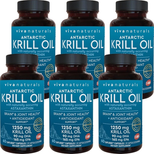 [BRSWI2QRBUDQ23DI] Viva Naturals Antarktika Krill Oil 1250 mg, Omega 3 EPA DHA ve Astaxanthin, Ortak Destek ve Beyin Tamamı Antioksidatif Özelliklerle, No Fishy Aftertaste (Pack of 6)