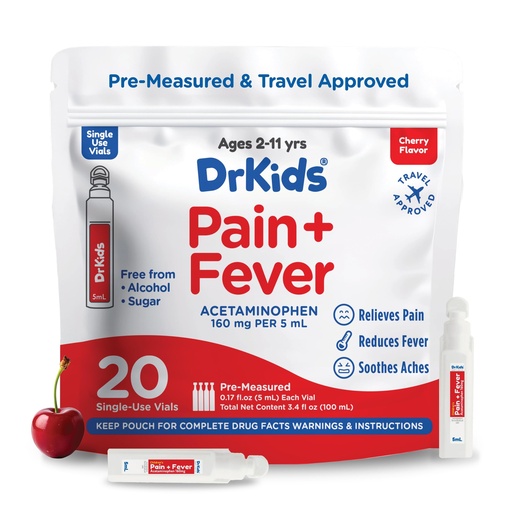 [BRSW2CD7DEFQGE3B] Dr. Kids Children’s Pain and Fever Medicine - Acetaminophen for Kids Ages 2-11, Pre-Measured Single-Use Vials for Headache, Sore Throat, Cold and Flu, Cherry Flavor, 20 Count