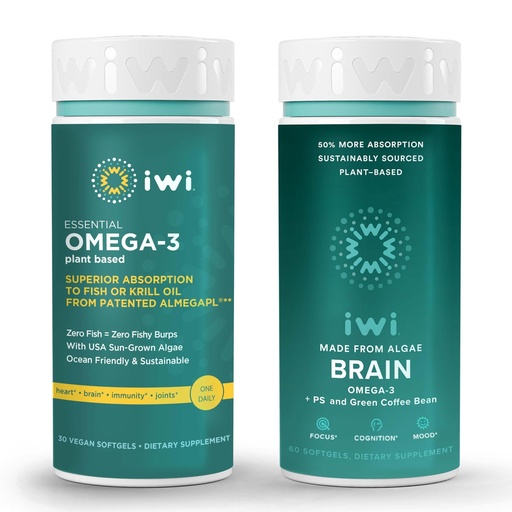 [BRSRAYLRAQBRSEL3] Iwi Omega-3 Essential & Brain Omega-3 Bundle, 30 Servings, Vegan Plant-Based Algae Omega 3 with EPA + DHA, Krill & Fish Oil Alternative, No Fishy Aftertaste