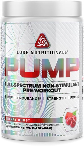 [BRSWY2QOOIFBSF3U] Core Nutritionals Pump Full-Spectrum Non-Stimulant Pre-Workout, with N03T Nitrate, Peak02, Alpha GPC, for Maximum Pump, Strength, and Performance 20 Servings (Cherry Burst)