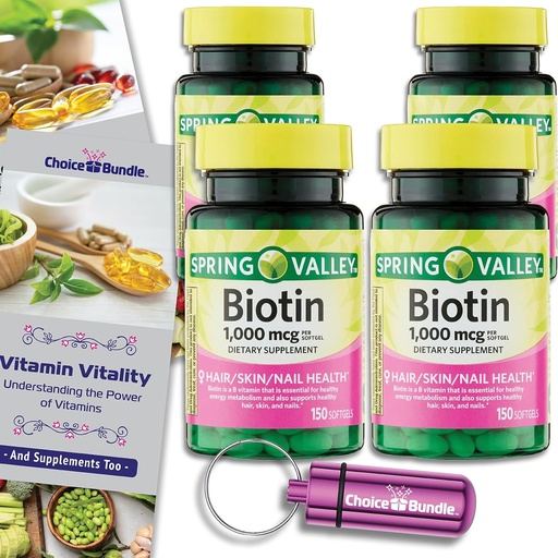 [BRSRAZA2BUGW2CAZ] Choice Bundle Spring Valley Biotin Softgeels 1000mcg Dietary Suplement for Hair Skin Nail Health 150 Ct 4 pk (600 Total) + Vitamin Guide & Pill Container (6 Items)!