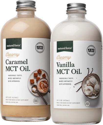 [BRSW2HAYCIFGE2DK] Natural Force Creamy Vanilla + Creamy Caramel MCT Oil Bundle – Gluten-Free, Non GMO, Emulsified Flavored MCTs from Organic Coconuts – Keto, Paleo, and Vegan – 2x 16 Ounce Glass Bottles