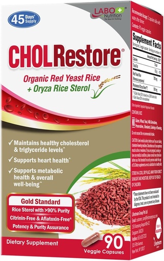 [BRSW2ZT7PICW2F3V] LABO Nutrition CHOLRestore – Red Yeast Rice with Phytosterol Health Supplement, Supports Healthy Cholesterol Levels, Citrinin, Aflatoxin &amp; Soy Free, 90 Vegetarian Capsules